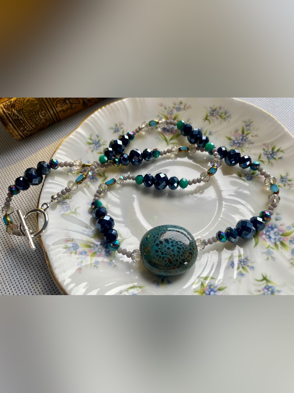 Handcrafted Turquoise & Navy Beaded Necklace with Matching Earrings